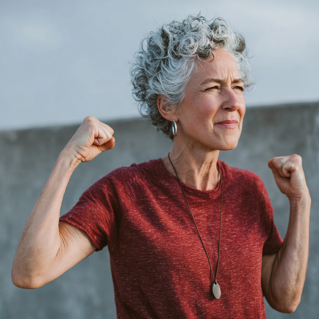 Енергійна жінка 55 років під час фітнес тренування, демонструє силу та мотивацію